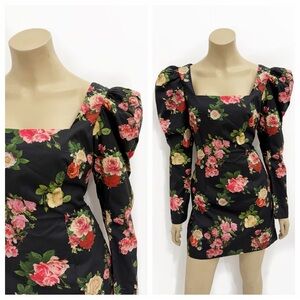 NAKD Square-Neck Puff-Sleeve Rose Floral Mini Dress. Size S.